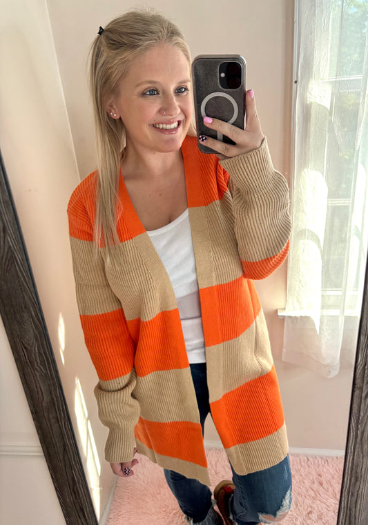Orange Colorblock Ribbed Knit Cardigan