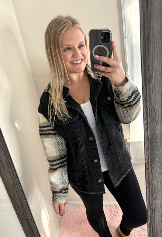 Black Plaid Sleeve Hooded Denim Jacket