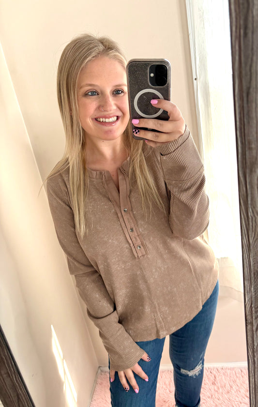 Coffee Acid Wash Waffle Knit Top