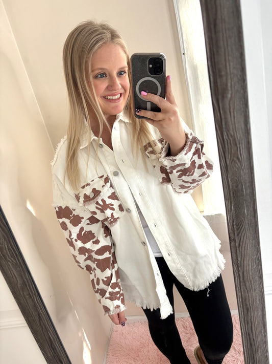 White Cow Print Denim Jacket
