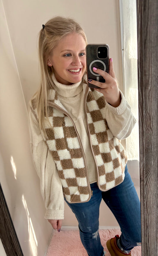 Khaki Checkered Sherpa Vest