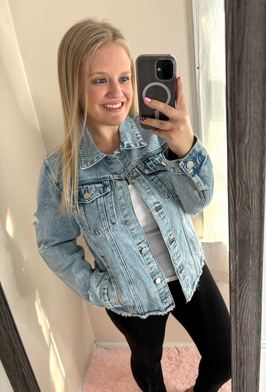 Sky Blue Distressed Denim Jacket