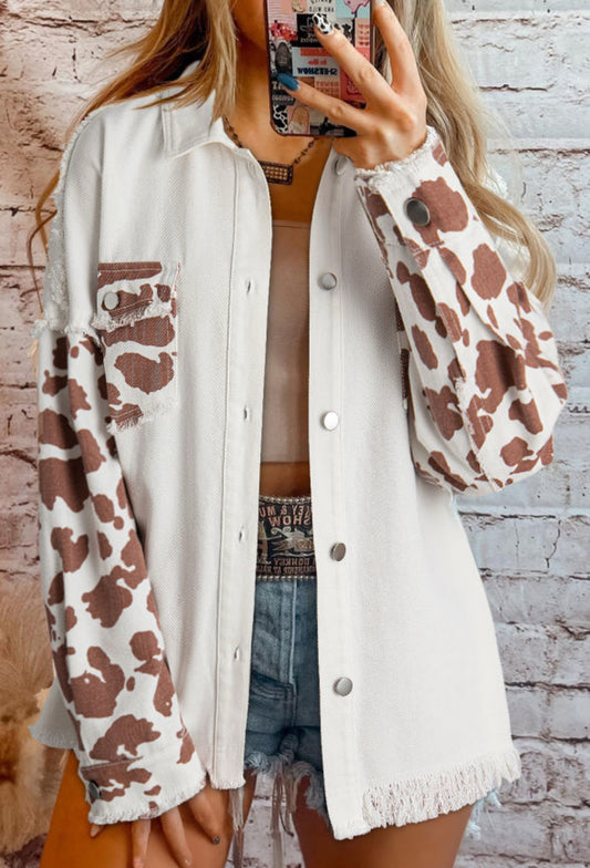 White Cow Print Denim Jacket