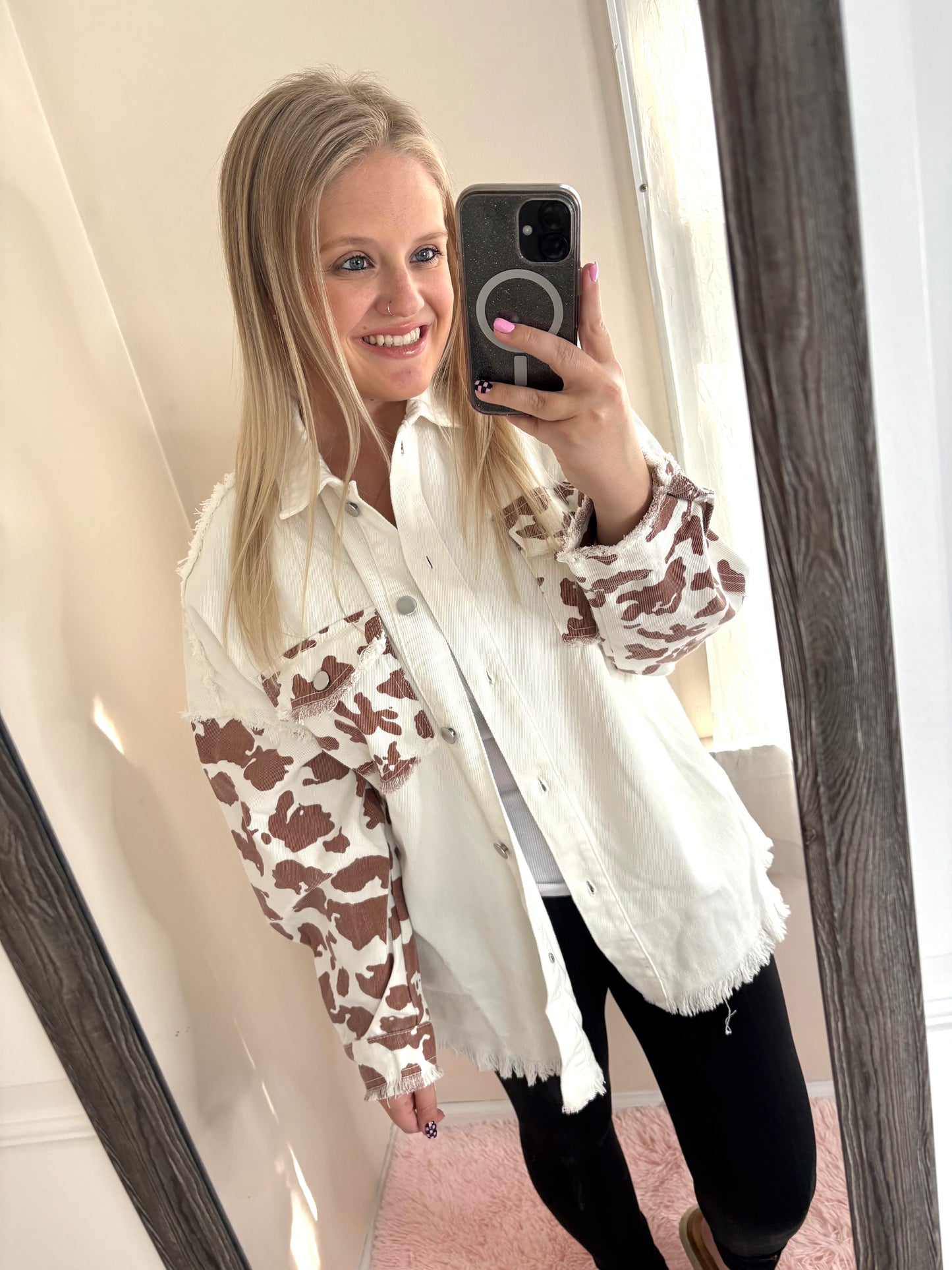 White Cow Print Denim Jacket