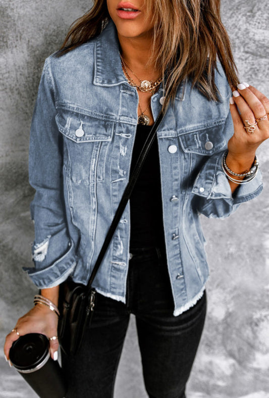 Sky Blue Distressed Denim Jacket