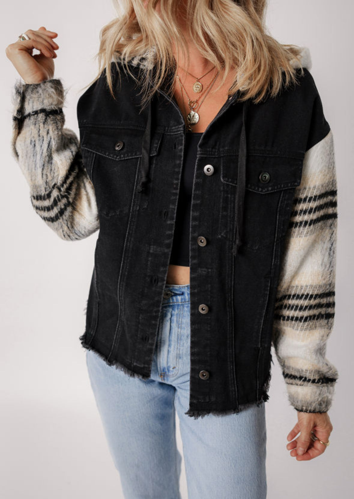 Black Plaid Sleeve Hooded Denim Jacket