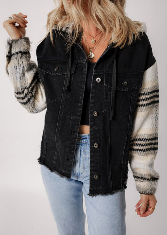 Black Plaid Sleeve Hooded Denim Jacket